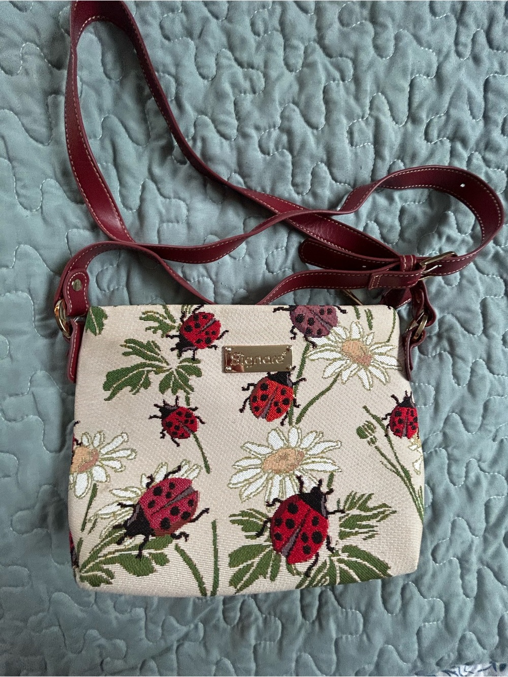 Floral Ladybug Crossbody Bag with Red Strap